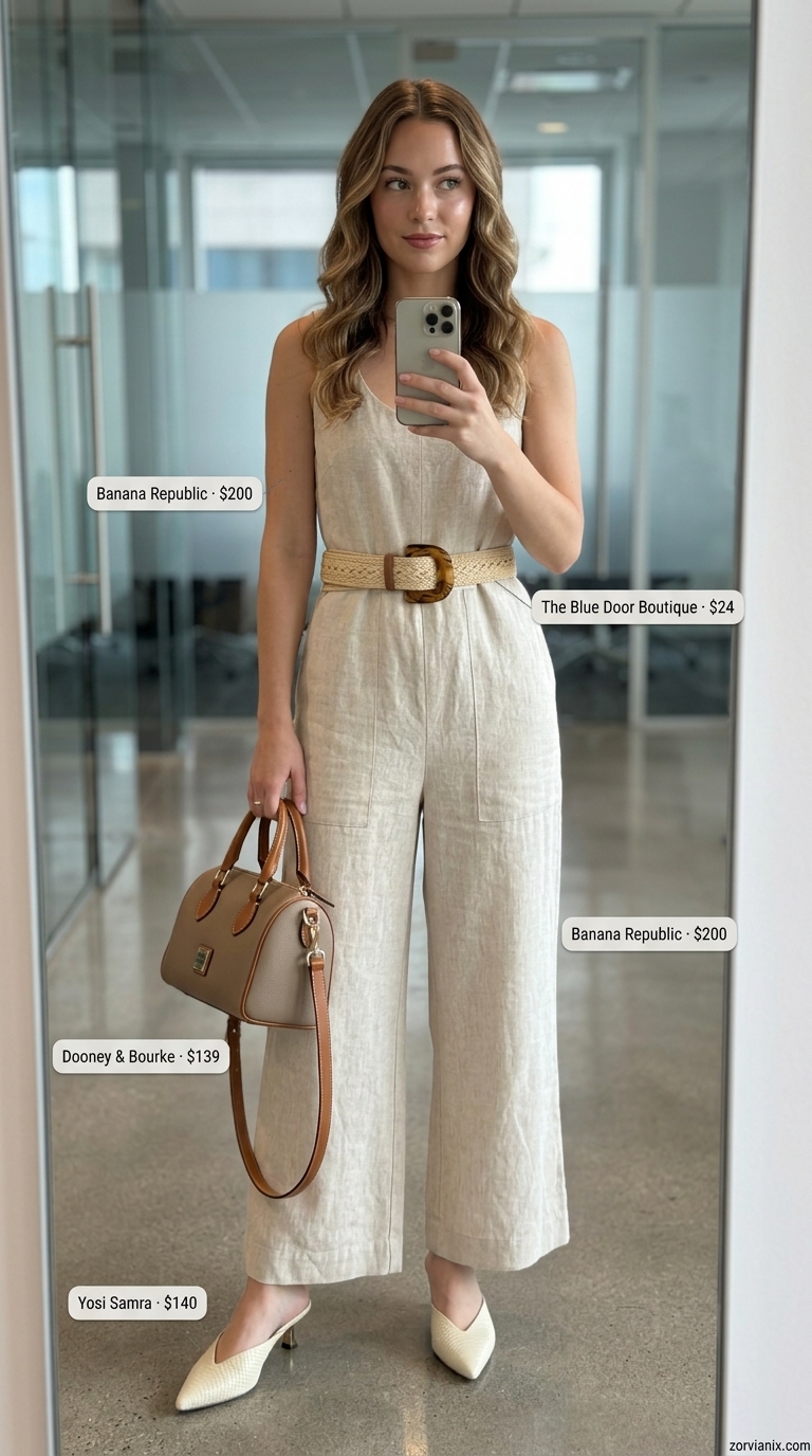 Summer office outfits for women 2026: Stone linen jumpsuit, cream mules, and a woven belt for an effortless look.
