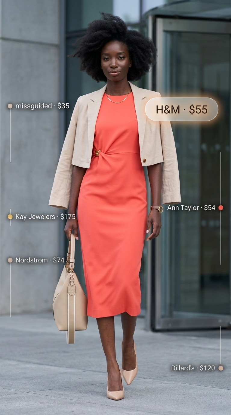 Summer office outfits for women 2026: Coral sheath dress, beige blazer, and nude pumps for a confident look.