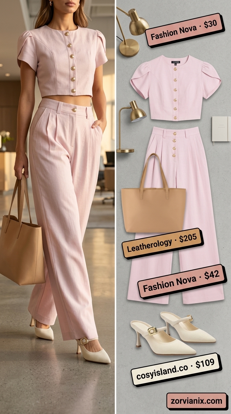 Summer office outfits for women 2026: Coral linen set, cream mules, gold hoops.