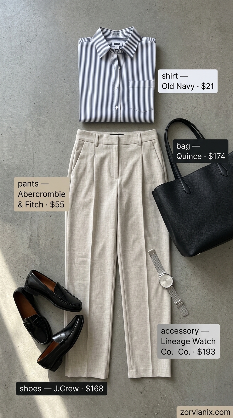 Summer office outfits for women 2026: Beige trousers, off-white blouse, and leather loafers for a classic look.