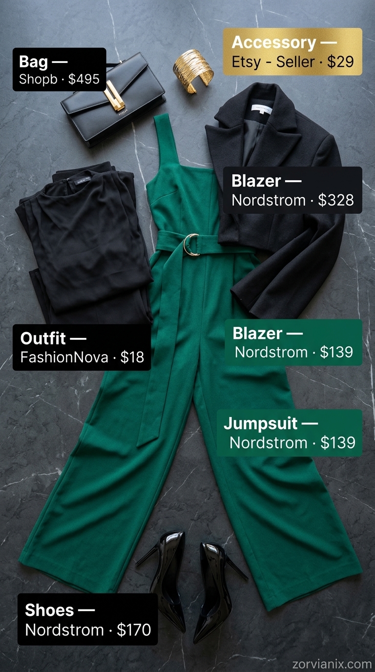 Emerald green wide-leg jumpsuit with black blazer and gold accessories for summer office outfits for women 2026.