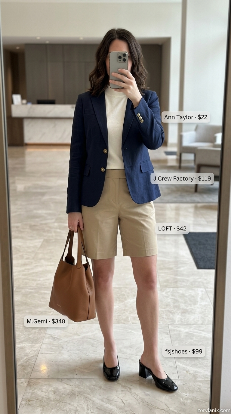 Khaki Bermuda shorts with navy blazer and cream top for summer office outfits for women 2026.
