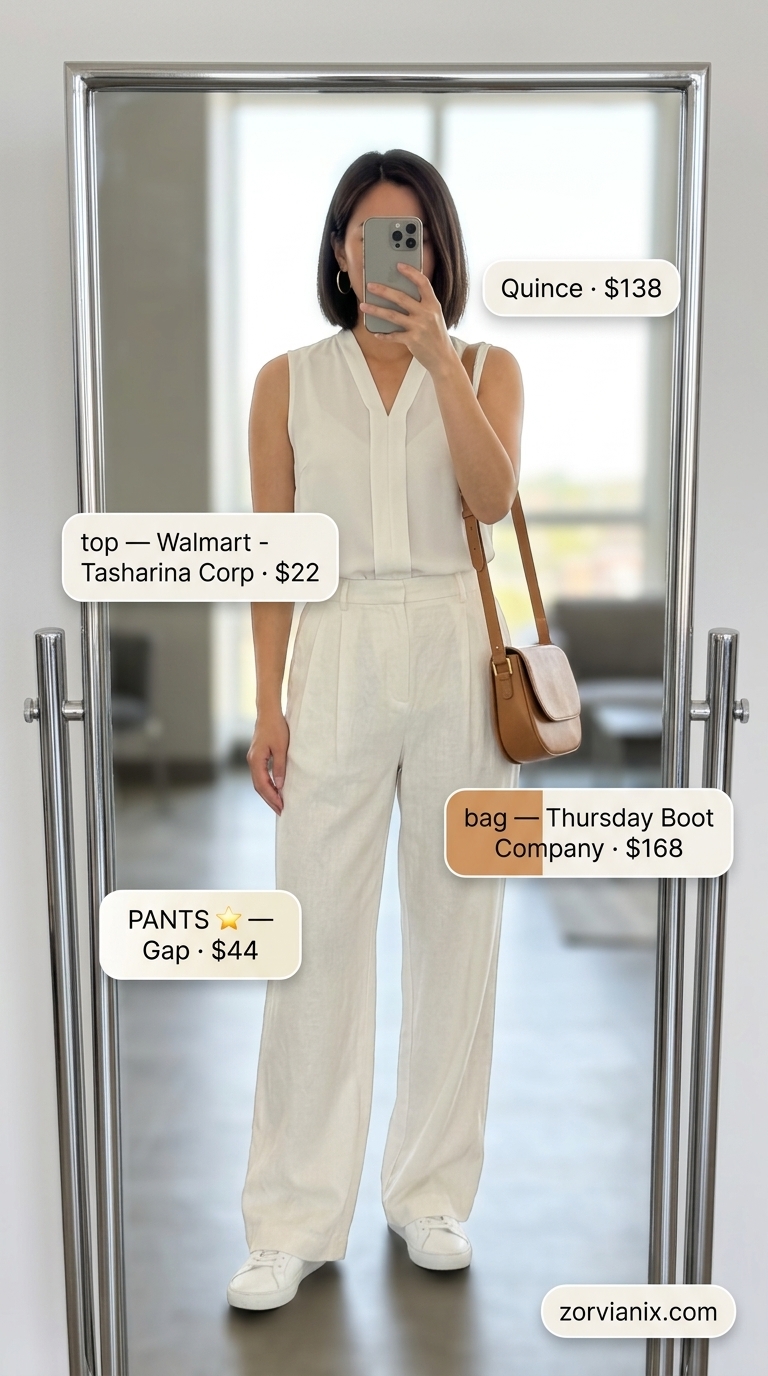 Summer office outfits for women 2026: Ivory linen pants, beige blouse, and suede mules for a chic, minimalist look.