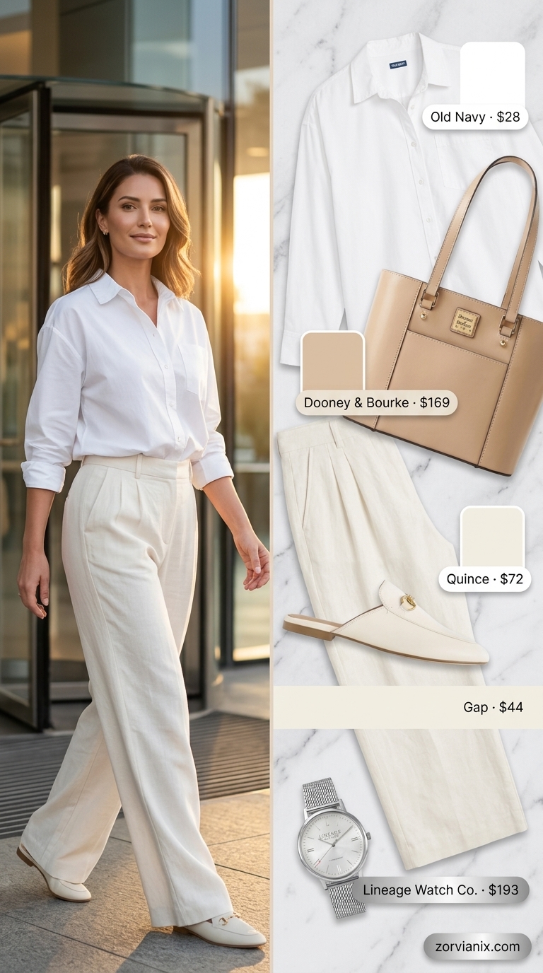 Summer office outfits for women 2026: Monochrome beige trousers, white oversized shirt, and leather mules for a clean look.