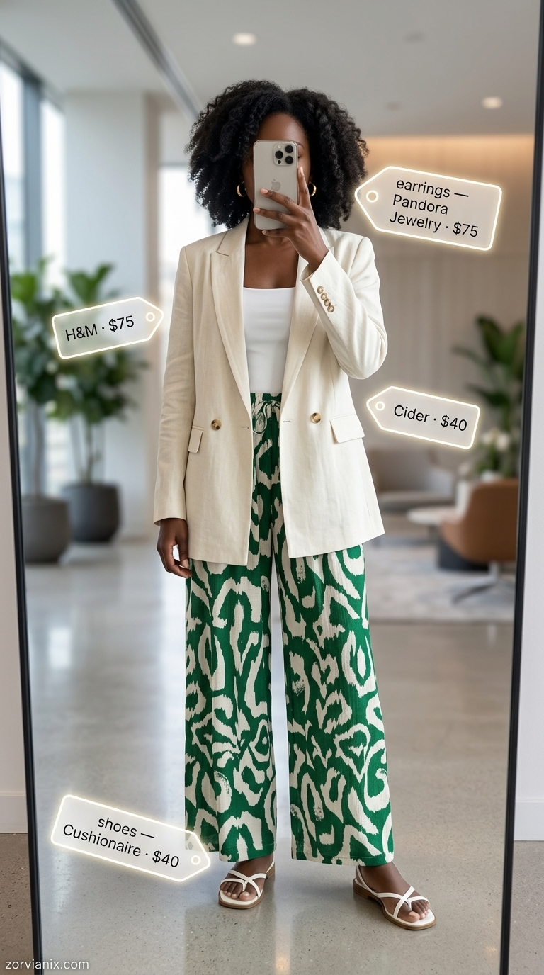 Summer office outfits for women 2026: Beige linen matching set with a blazer and strappy sandals for a relaxed look.