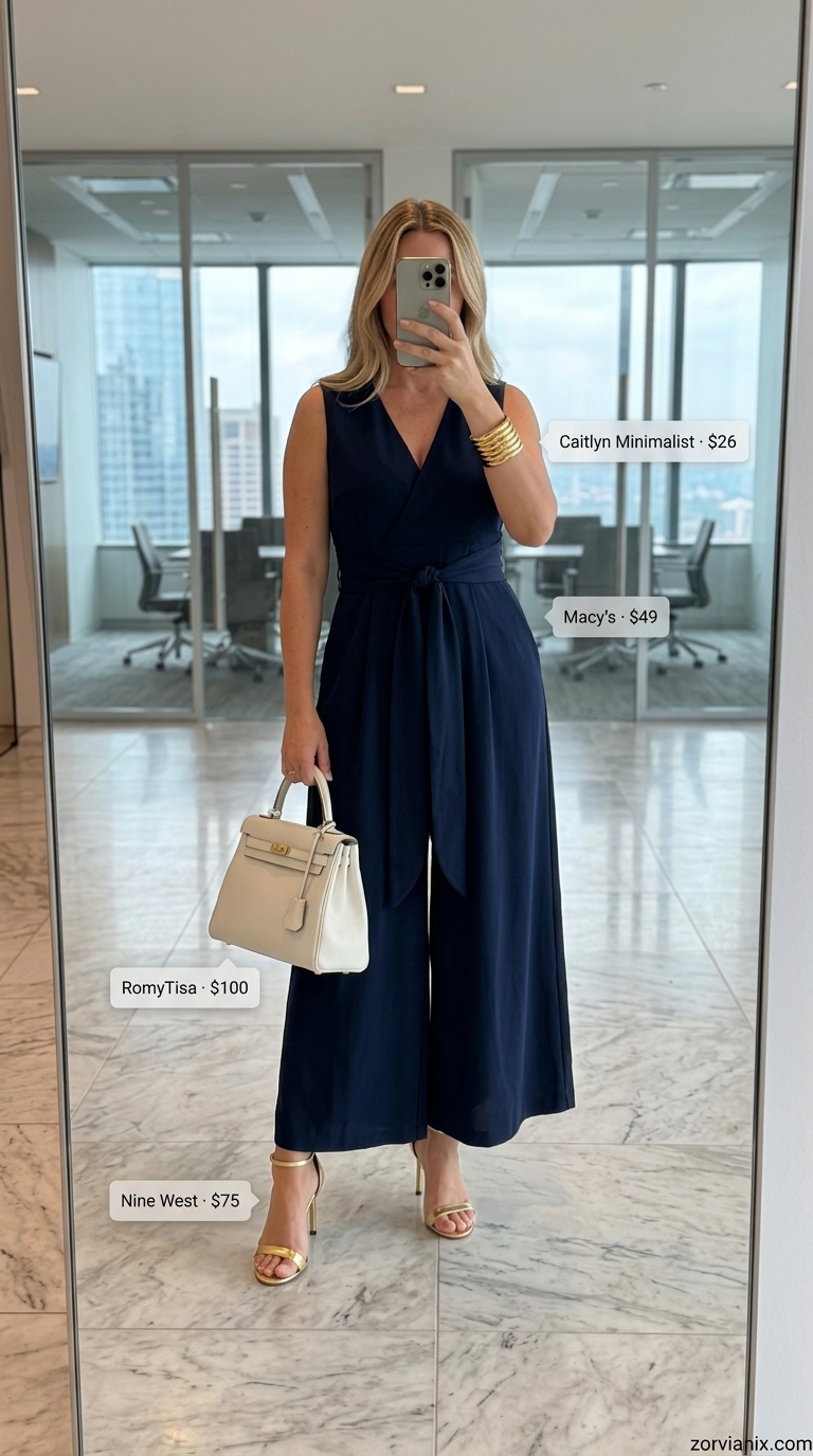 Navy sleeveless jumpsuit with gold sandals and cuff for summer office outfits for women 2026.