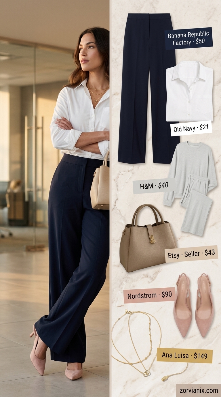 Navy wide-leg trousers with white shirt and beige pumps for summer office outfits for women 2026.
