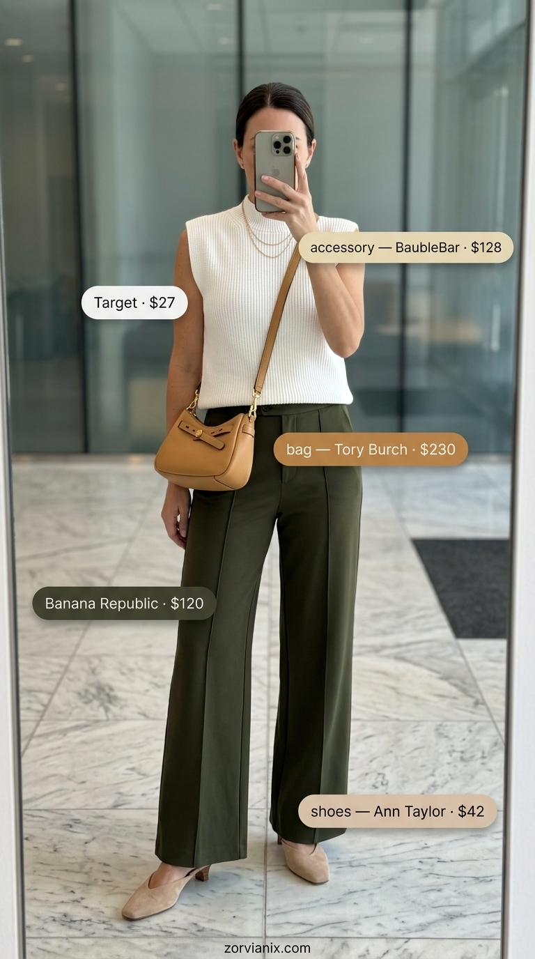 Summer office outfits for women 2026: Olive wide-leg pants, cream knit top, beige mules.