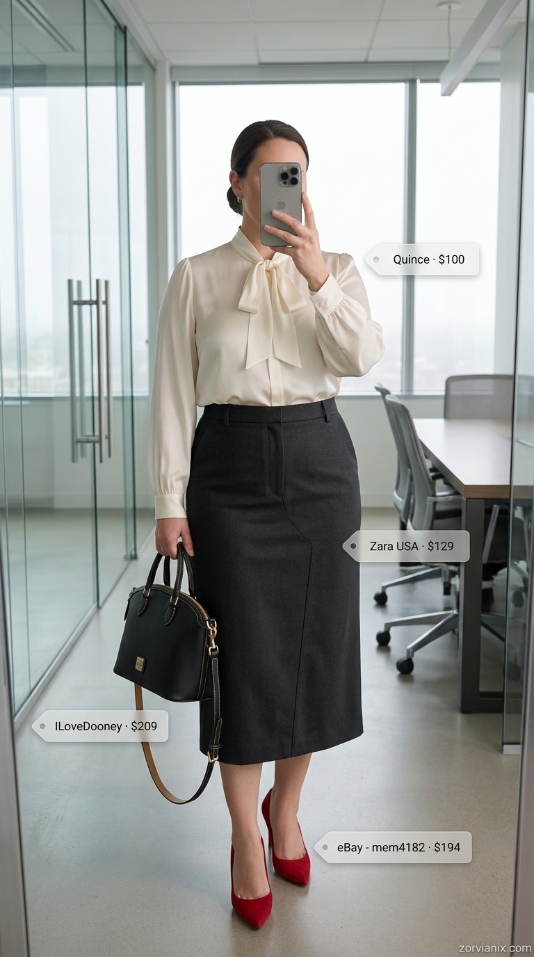 Summer office outfits for women 2026: Black pencil skirt, white tie-neck blouse, red pumps.