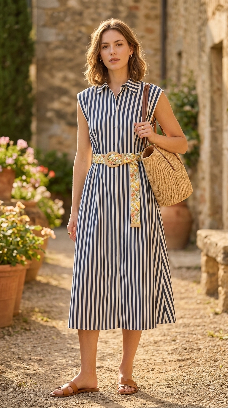 Blue and white seersucker midi dress with straw accessories for summer office outfits for women 2026.