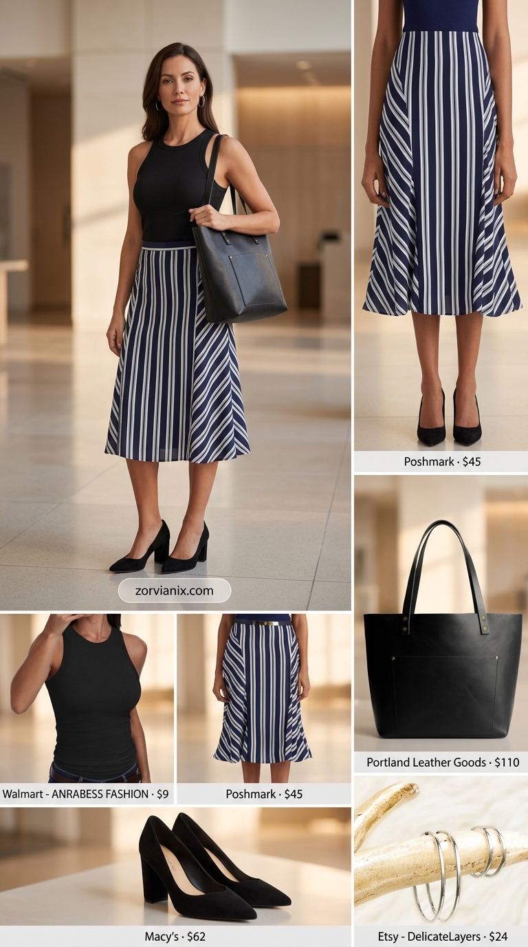Summer office outfits for women 2026: Striped midi skirt, black knit top, black pumps.