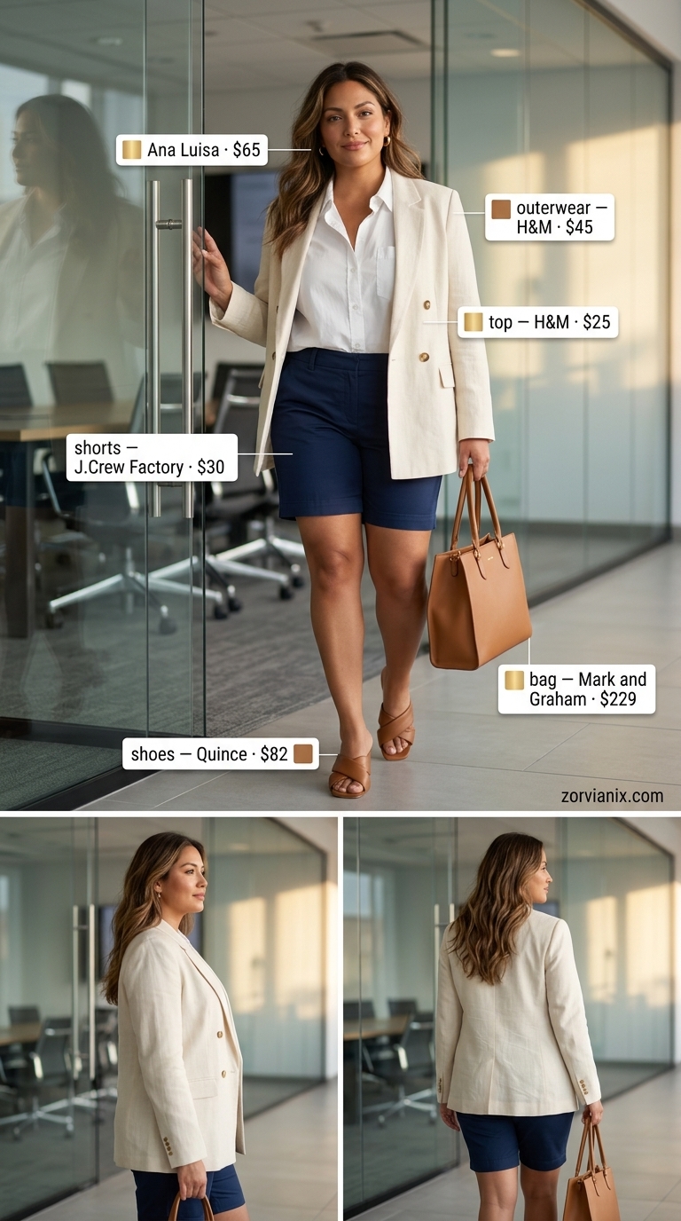 Summer office outfits for women 2026: Navy shorts, white shirt, beige blazer, gold hoops, tan mules.
