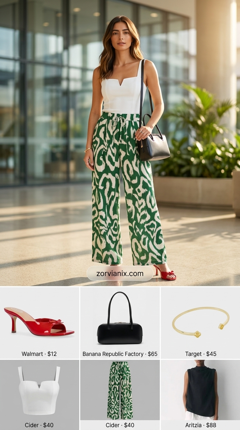 White Bermuda shorts with black blouse and red mules for summer office outfits for women 2026.