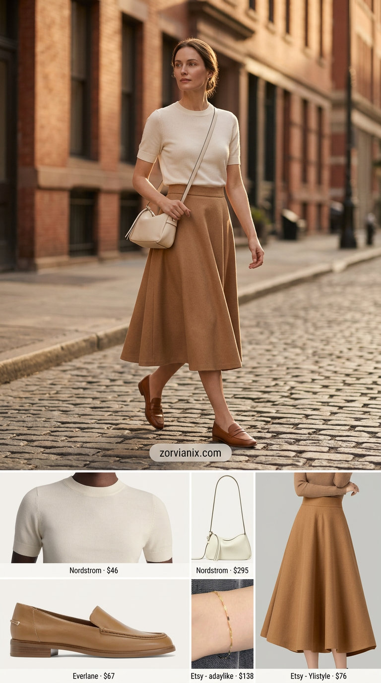Summer old money outfit for women 2026: Camel midi skirt, cream knit top, leather loafers, and shoulder bag.