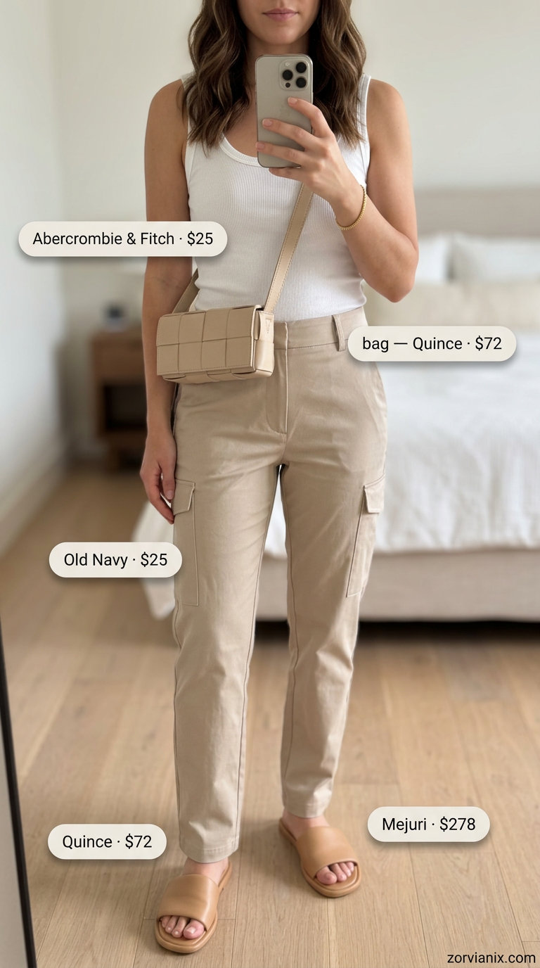 Summer old money outfit for women 2026: Beige cargo pants, ivory tank, leather belt bag, gold bracelet.