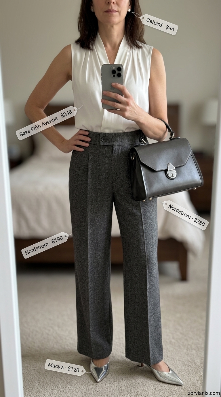 Summer old money outfit for women 2026: Light grey tailored trousers, ivory blouse, silver mules, and satchel.