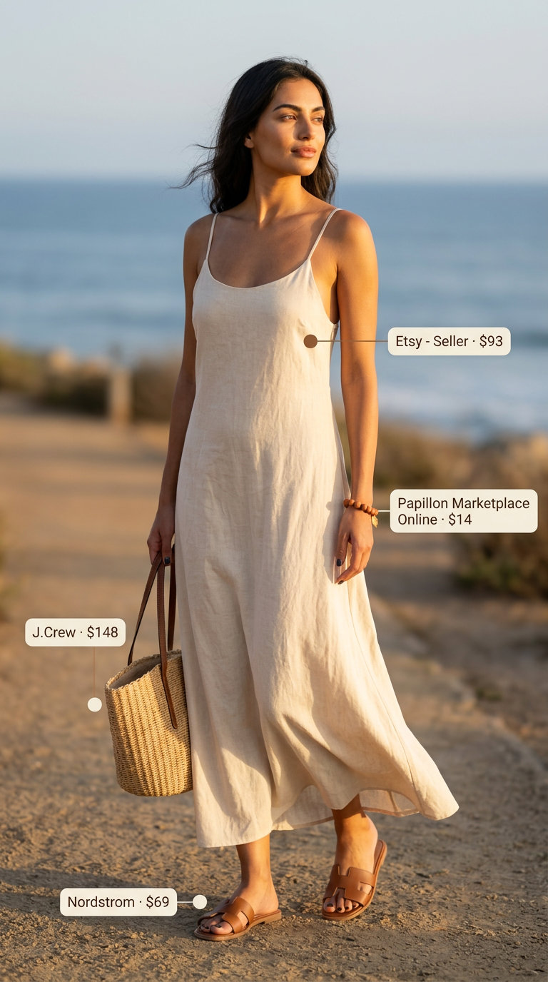 Summer old money outfit for women 2026: Natural linen maxi dress, terracotta bracelet, and leather slides.