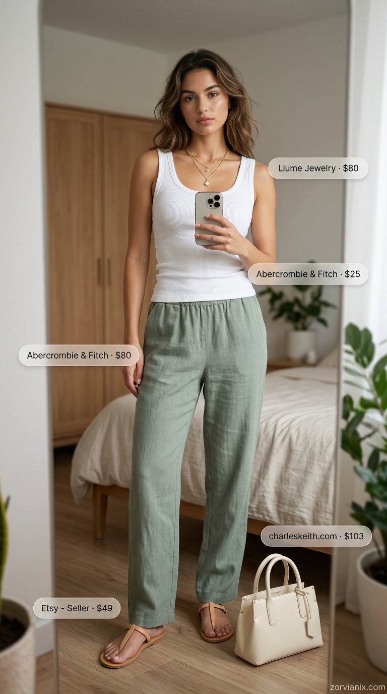 Summer old money outfit for women 2026: Sage green linen pants, cream tank, leather sandals, gold necklaces.