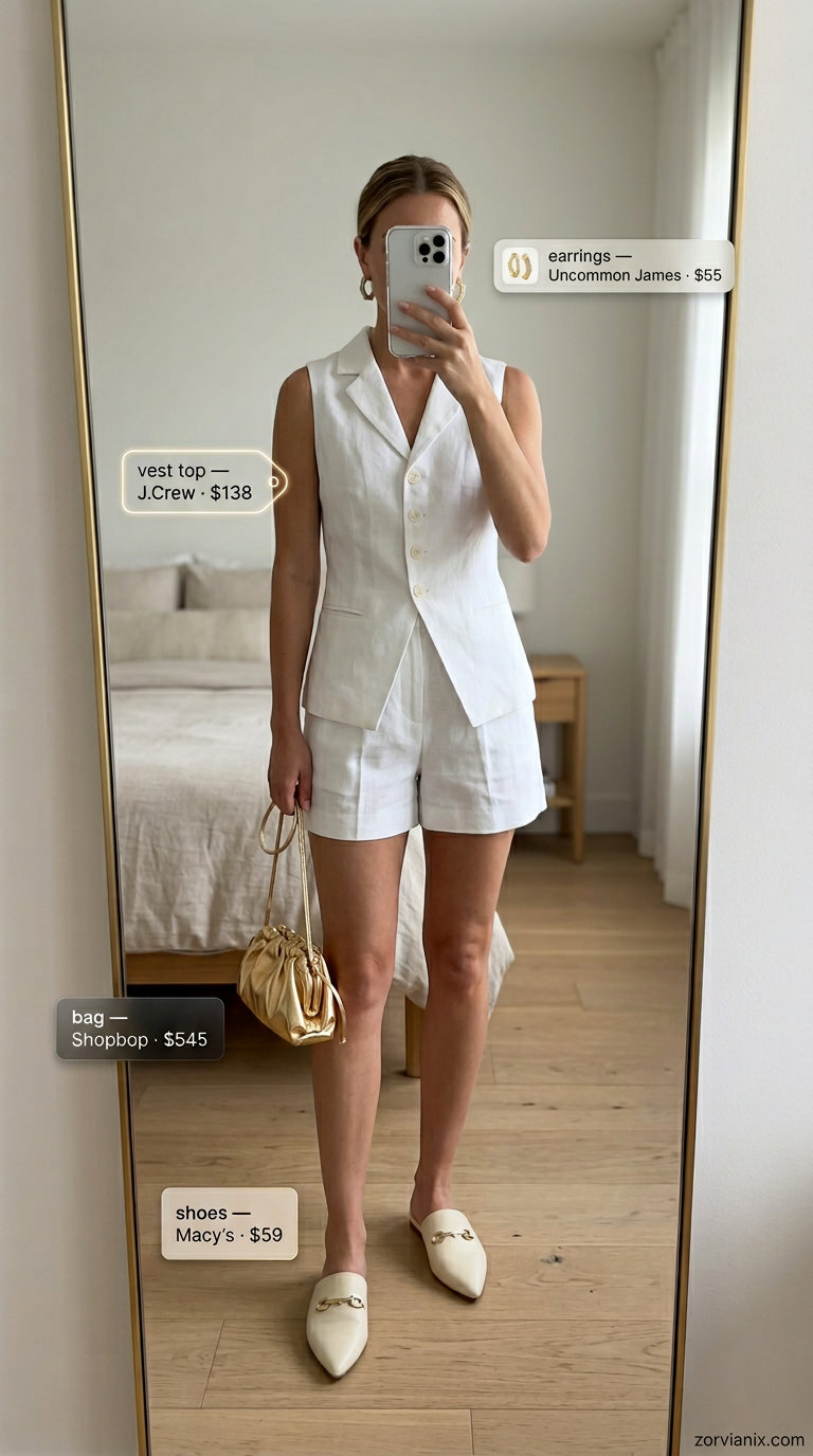 Summer old money outfit for women 2026: Ivory linen set, gold earrings, metallic bag, leather mules.