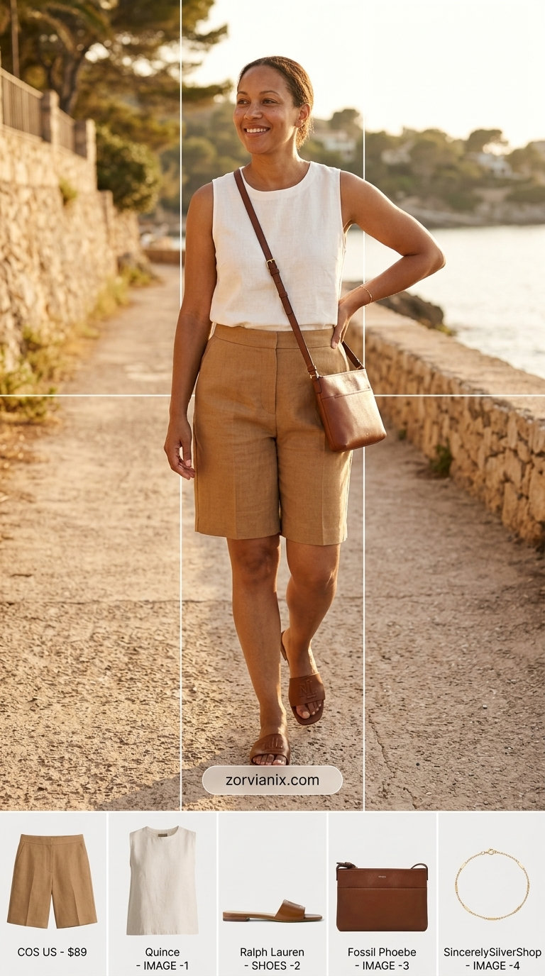 Summer old money outfit for women 2026: Camel linen shorts, ivory knit top, leather slides, gold bracelet.
