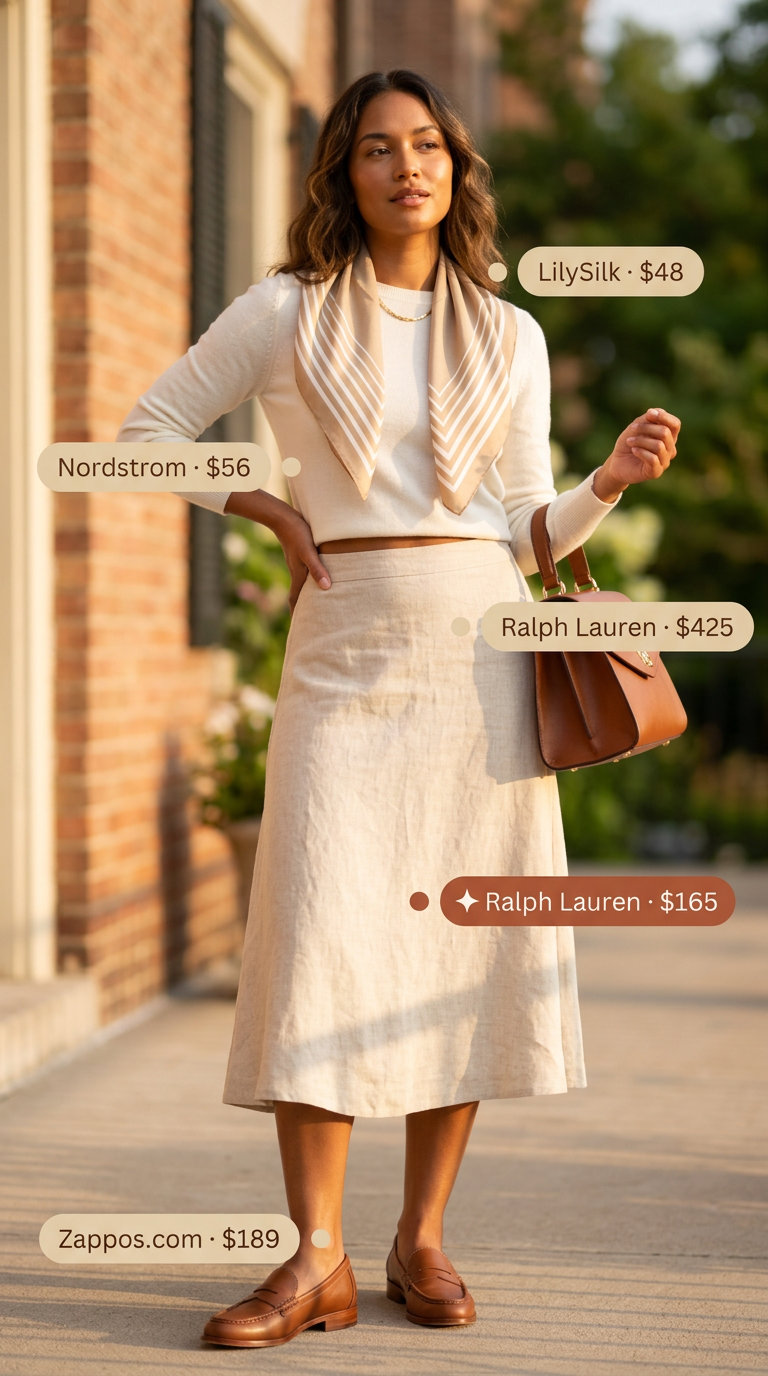 Summer old money outfit for women 2026: Ivory linen midi skirt, cashmere sweater, silk scarf, leather loafers.