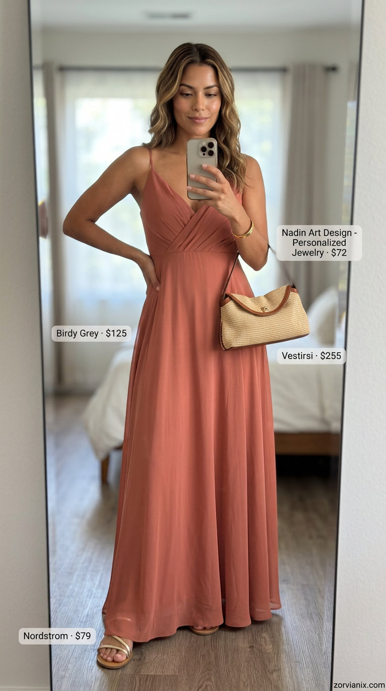 Summer old money outfit for women 2026: Terracotta maxi dress, gold sandals, raffia clutch, gold cuff.