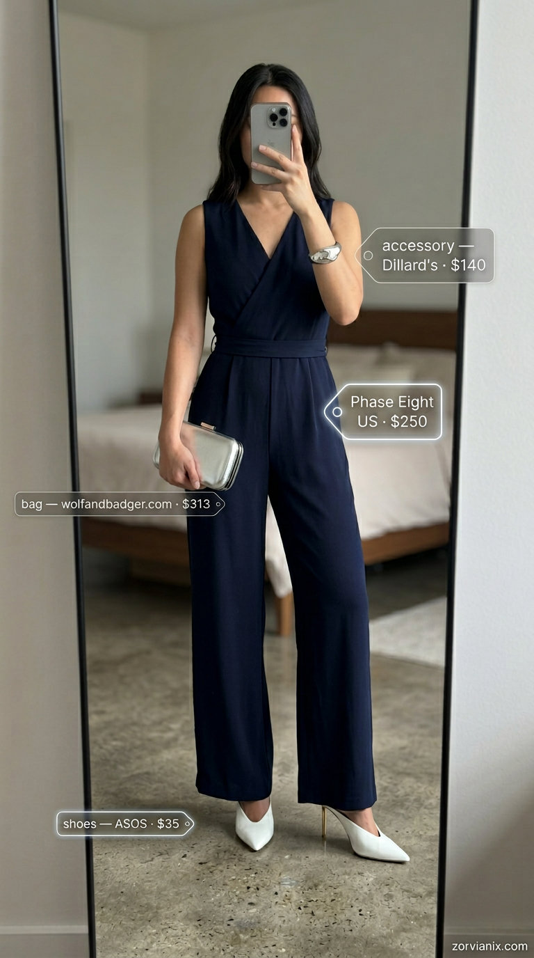 Summer old money outfit for women 2026: Navy wide-leg jumpsuit, white heeled mules, and silver clutch.