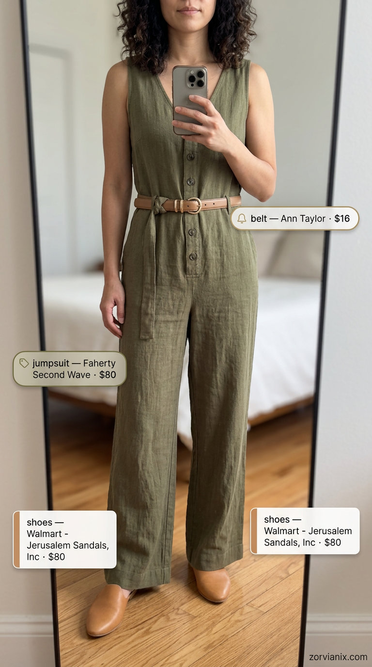Summer old money outfit for women 2026: Olive green linen jumpsuit, tan belt, crossbody bag, and heeled mules for evening.