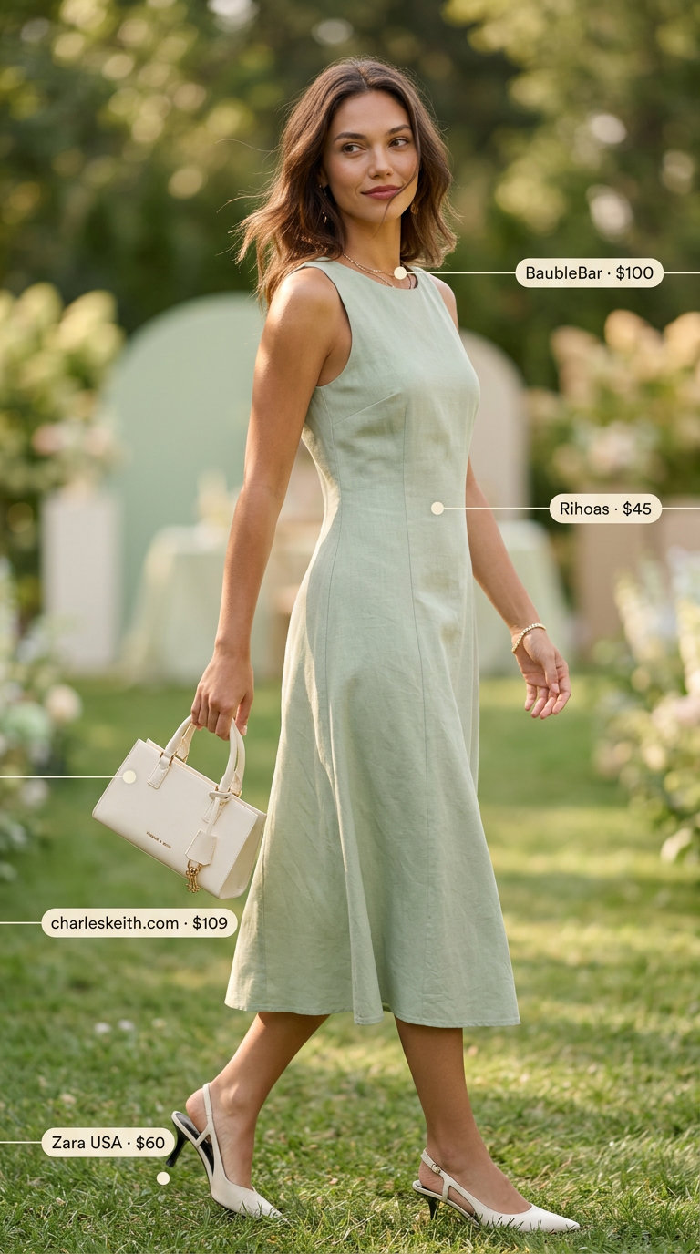 Summer old money outfit for women 2026: Sage green linen midi dress, cream slingbacks, and top-handle satchel.