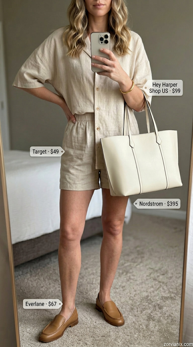 Summer old money outfit for women 2026: Beige linen shorts set, white shirt, loafers, gold bangle.
