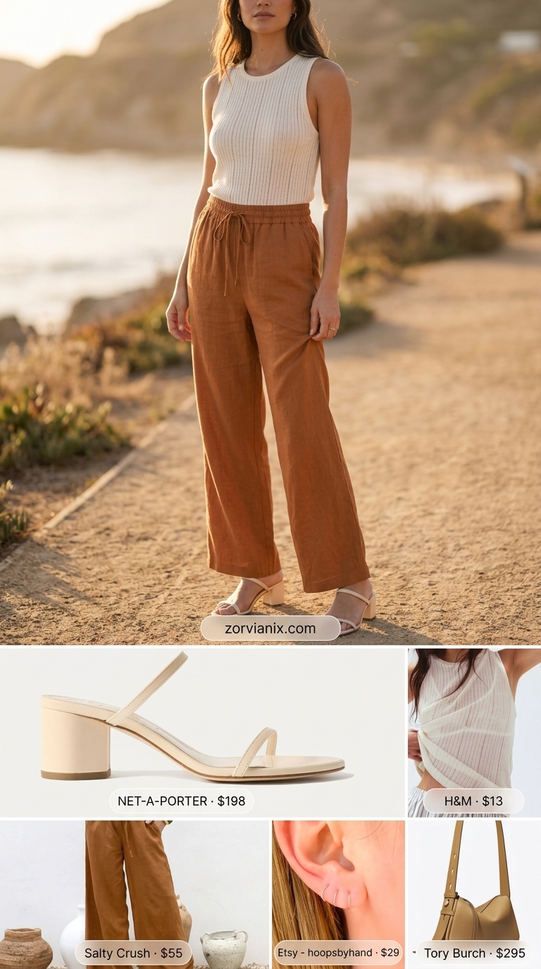 Summer old money outfit for women 2026: Muted terracotta linen set, cream knit top, heeled mules, and structured bag.
