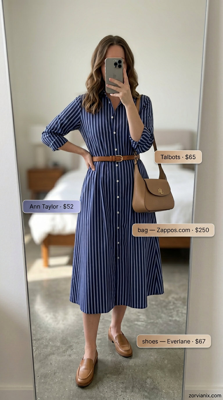 Classic summer old money outfit for women 2026: Blue stripe shirt dress, loafers, leather bag, belt.