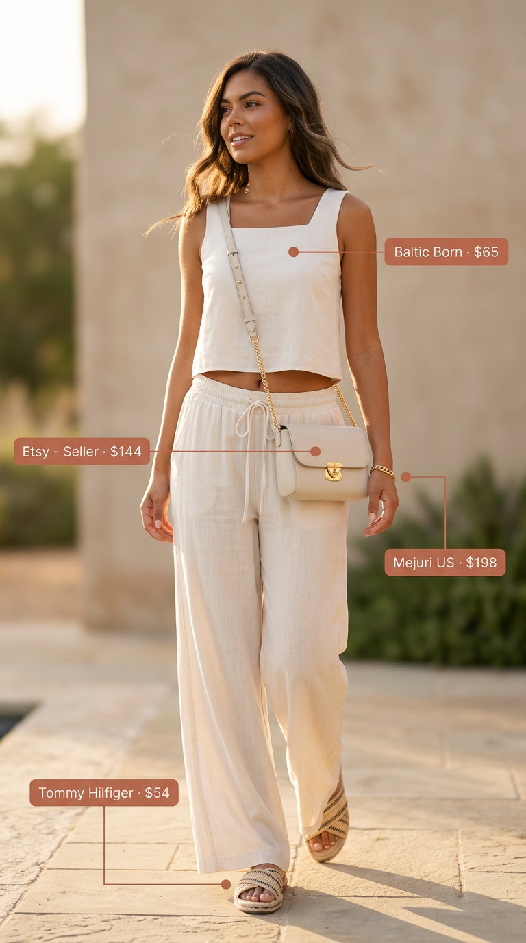 Luxurious summer old money outfit for women 2026: Ivory linen co-ord set, espadrilles, leather crossbody.