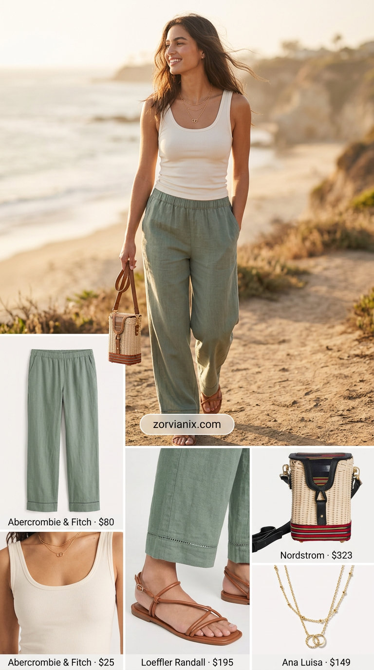 Chic summer old money outfit for women 2026: Sage green linen pants, cream tank, straw bag, sandals.