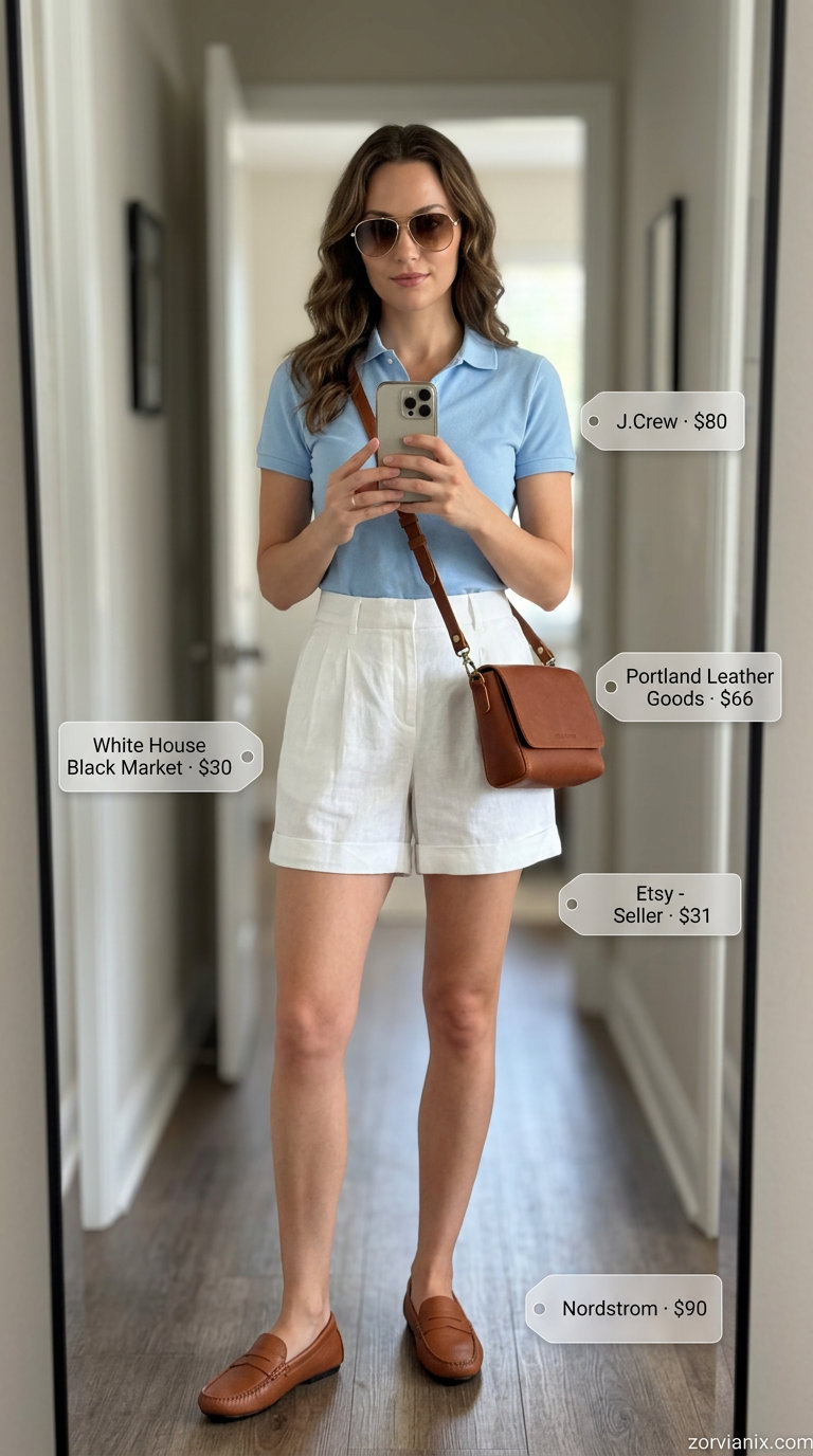 Preppy summer old money outfit for women 2026: Linen shorts, polo shirt, driving moccasins, aviators.