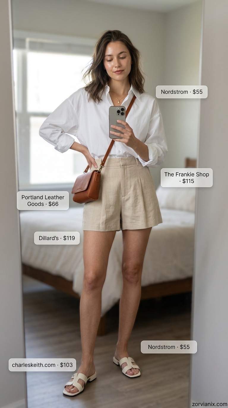 Sophisticated summer old money outfit for women 2026: Linen shorts, white shirt, leather slides, gold necklace.