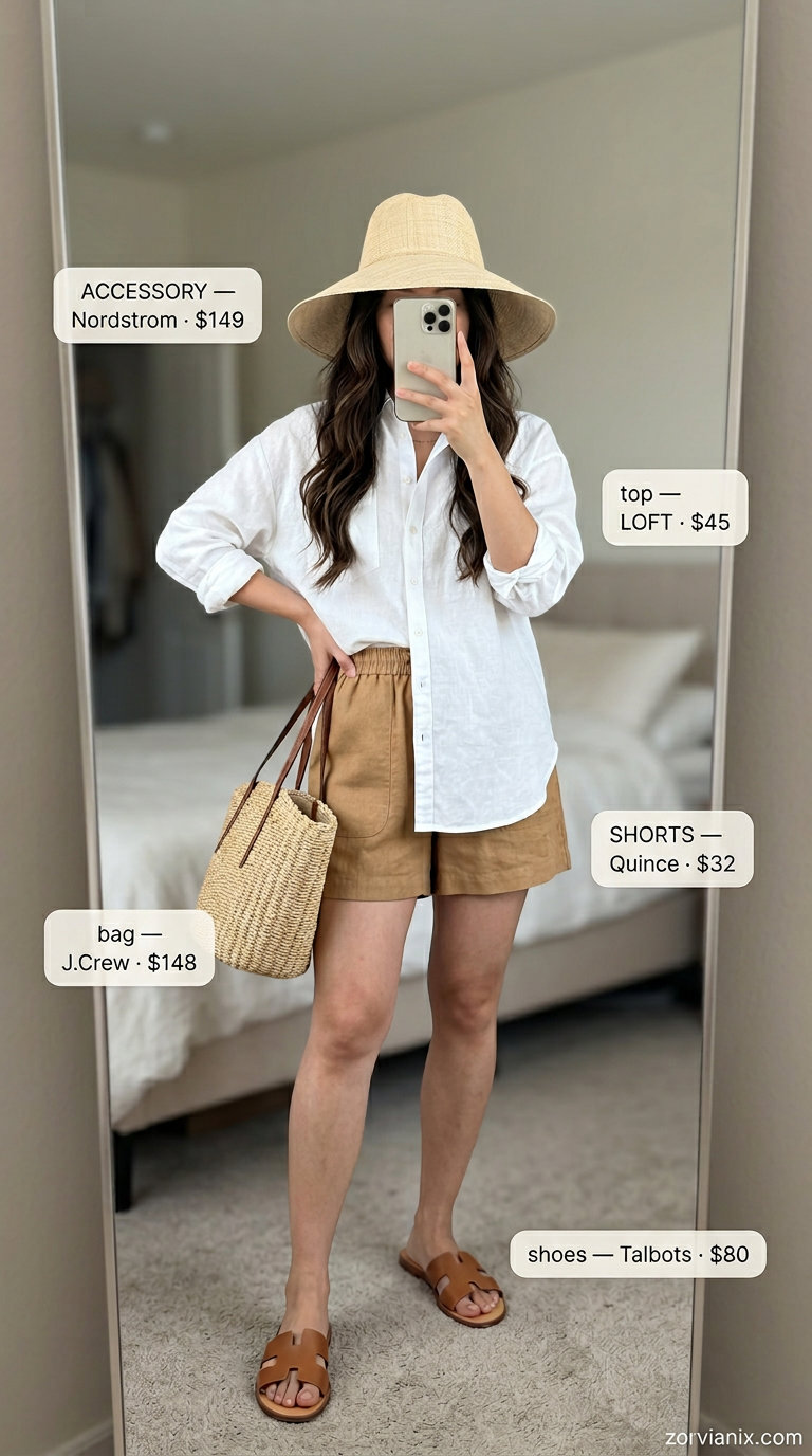 Relaxed summer old money outfit for women 2026: Camel linen shorts, white linen shirt, straw hat, tote.