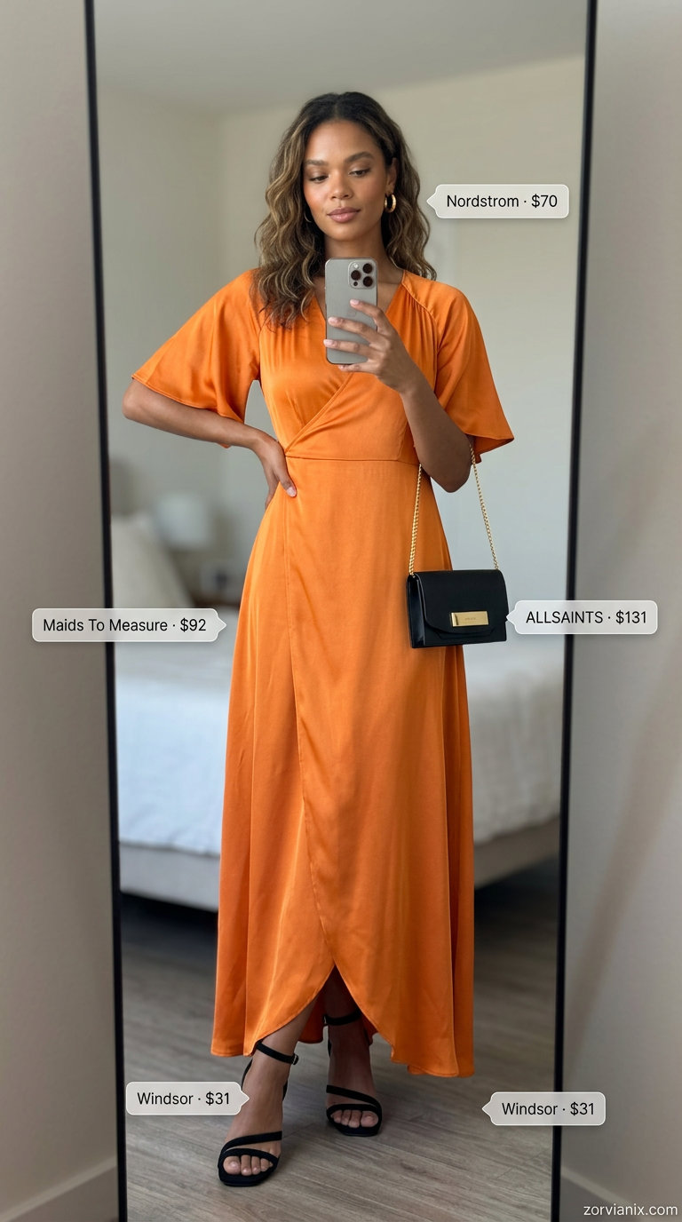 Vibrant summer old money outfit for women 2026: Mango orange wrap dress, black heels, gold hoops, clutch.