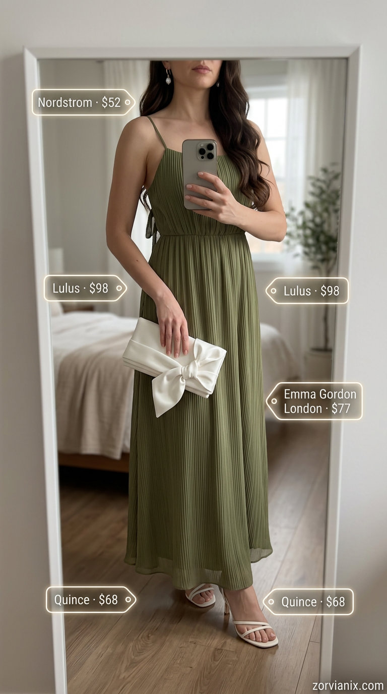 Elegant summer old money outfit for women 2026: Olive green maxi dress, pearl earrings, satin heels, clutch.