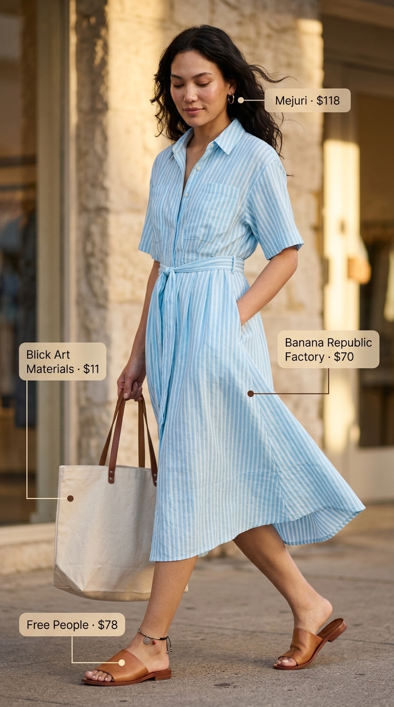 Casual summer old money outfit for women 2026: Light blue stripe cotton shirt dress, gold hoops, canvas tote, tan slides.