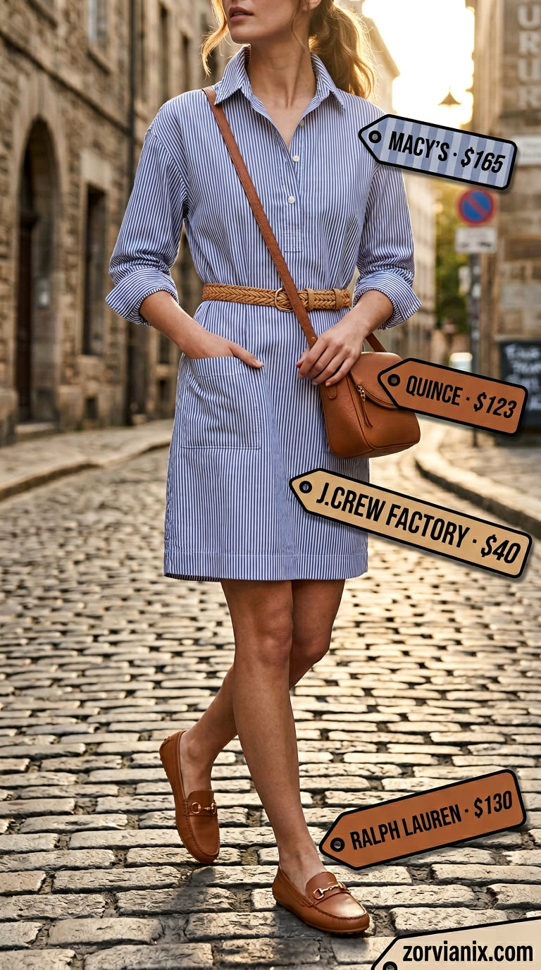 Effortless summer old money outfit for women 2026: Striped shirt dress, woven belt, driving moccasins, crossbody.