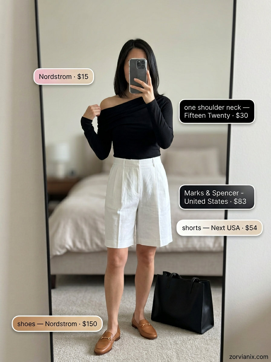 Chic summer One Shoulder Neck outfits for women 2026: Black knit top, Bermuda shorts, loafers, tote bag.