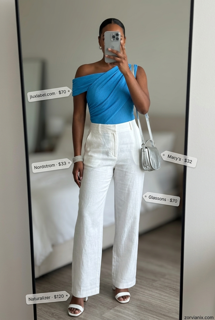 Cerulean blue one-shoulder bodysuit with white linen pants for a chic city summer outfit 2026.