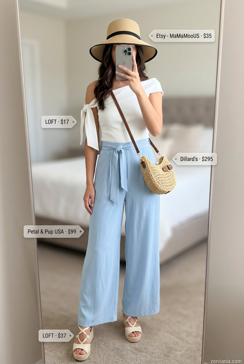 Sky blue one-shoulder wide-leg jumpsuit for a relaxed vacation summer outfit 2026.