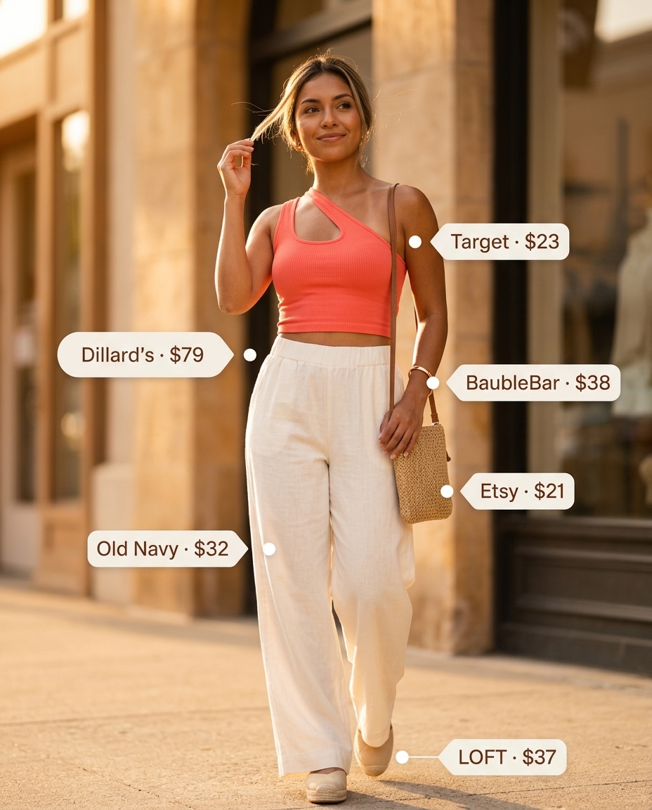 Coral one-shoulder crop top with cream wide-leg trousers for sunset glow outfits 2026.