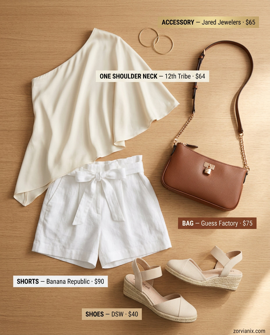 Coral one-shoulder flutter sleeve top with linen shorts for a playful summer outfit 2026.