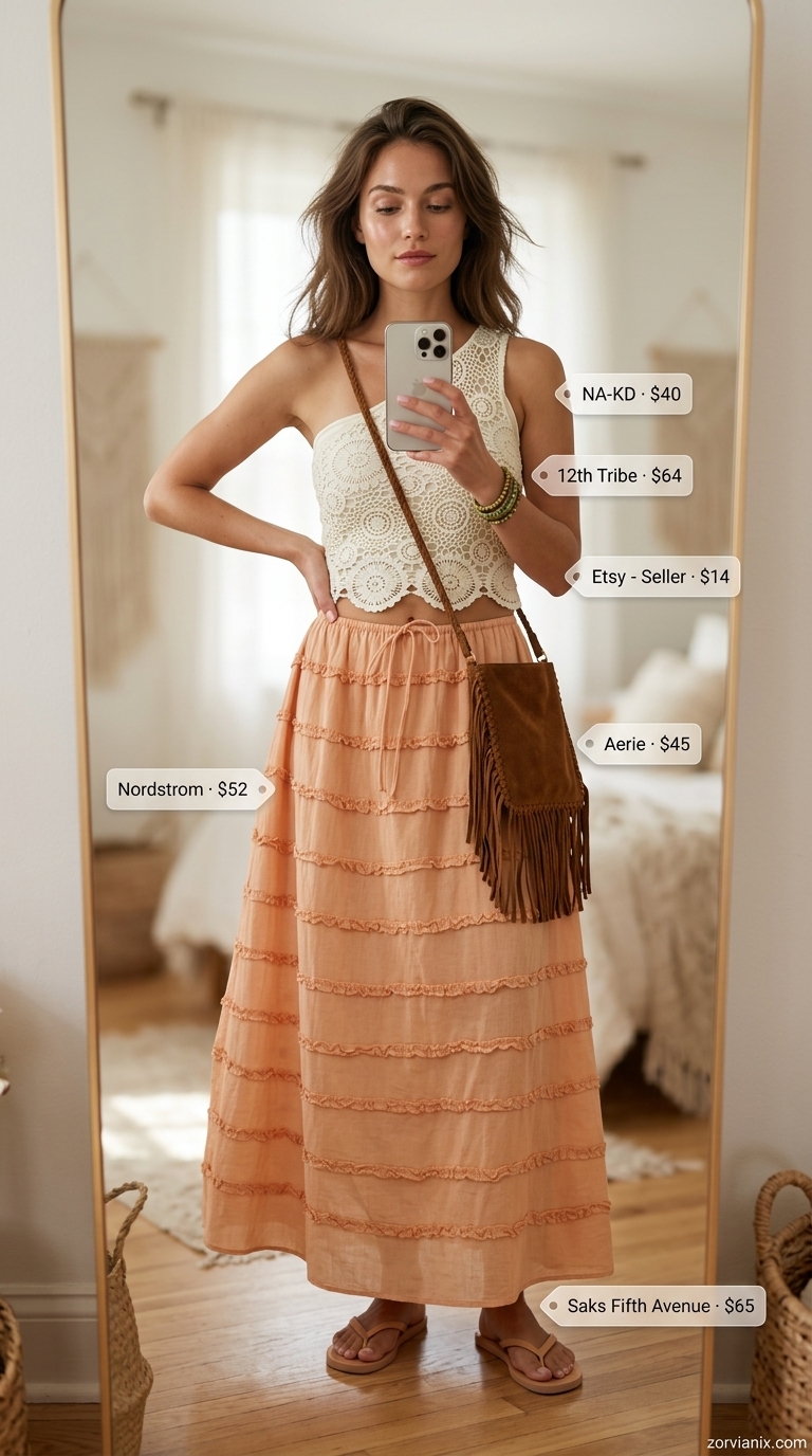 Cream crochet one-shoulder top with terracotta maxi skirt for a boho beach summer outfit 2026.