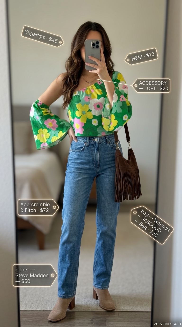 Boho summer One Shoulder Neck outfits for women 2026: Floral blouse, denim jeans, suede boots, fringe bag.
