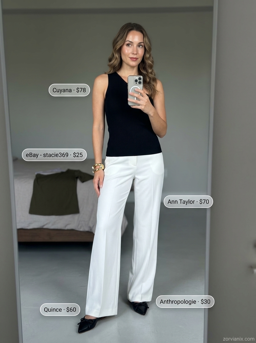 Emerald green one-shoulder crop top with white wide-leg trousers for a sophisticated summer outfit 2026.