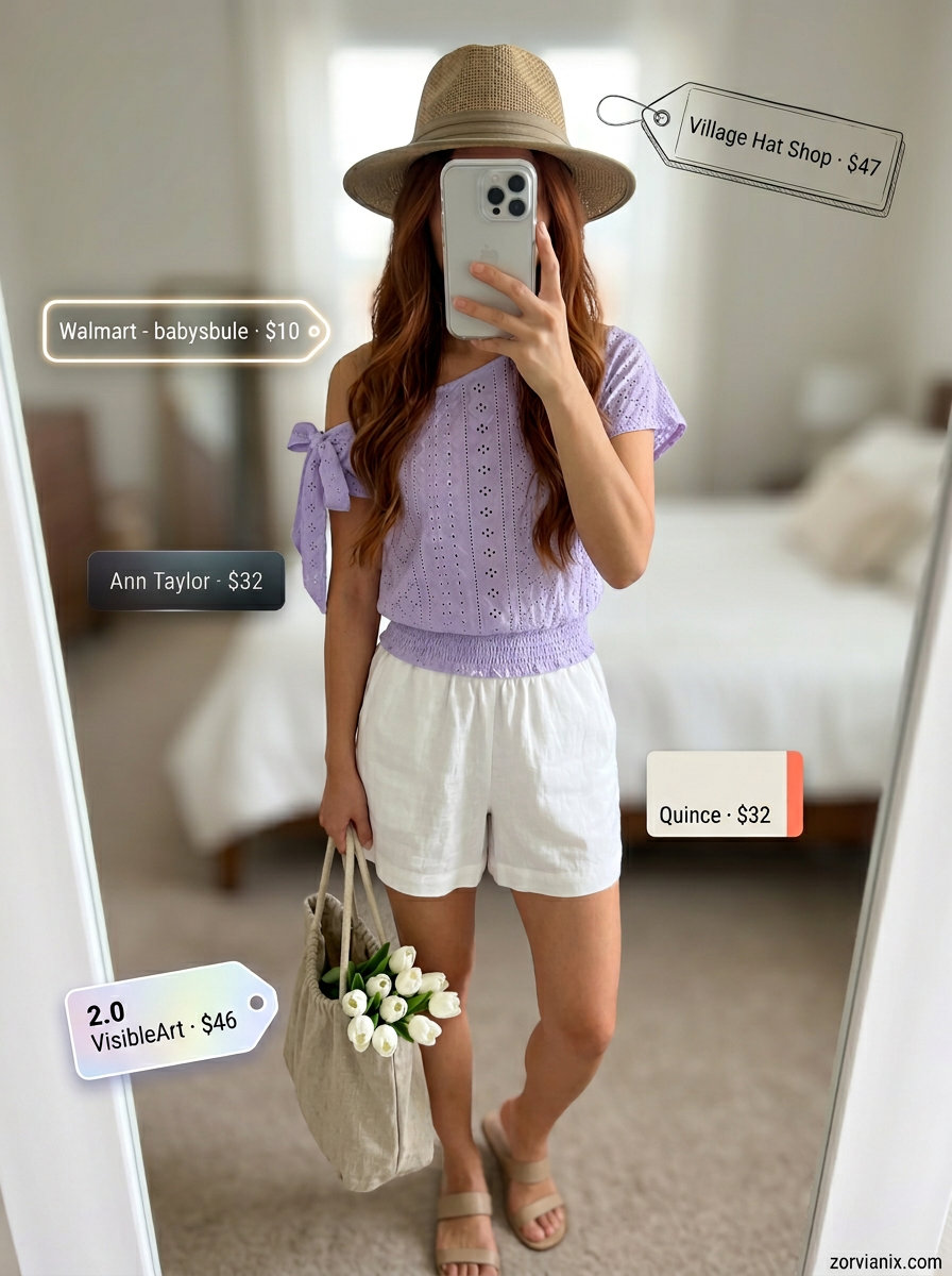Lavender one-shoulder peasant blouse with linen shorts for seaside serenity outfits 2026.